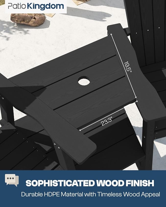 Black HDPE Tall Adirondack Chair Set of 2 with Beige 11FT Cantilever Umbrella, All-Weather Outdoor Bar Height Chairs with Trays & Umbrella Hole for Balcony