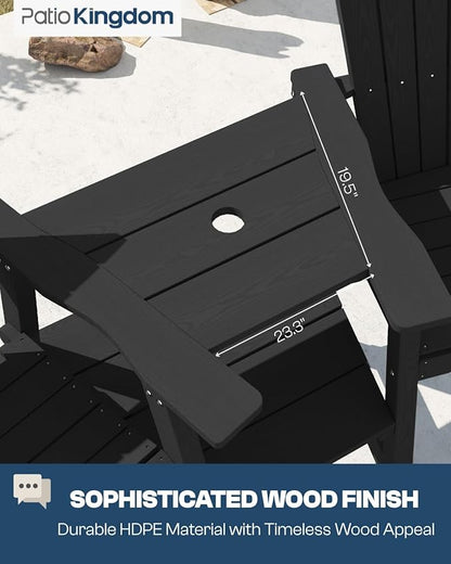 Black HDPE Tall Adirondack Chair Set of 2 with Beige 9FT Patio Umbrella, All-Weather Outdoor Bar Height Chairs with Trays & Umbrella Hole for Garden, Balcony, Lawn