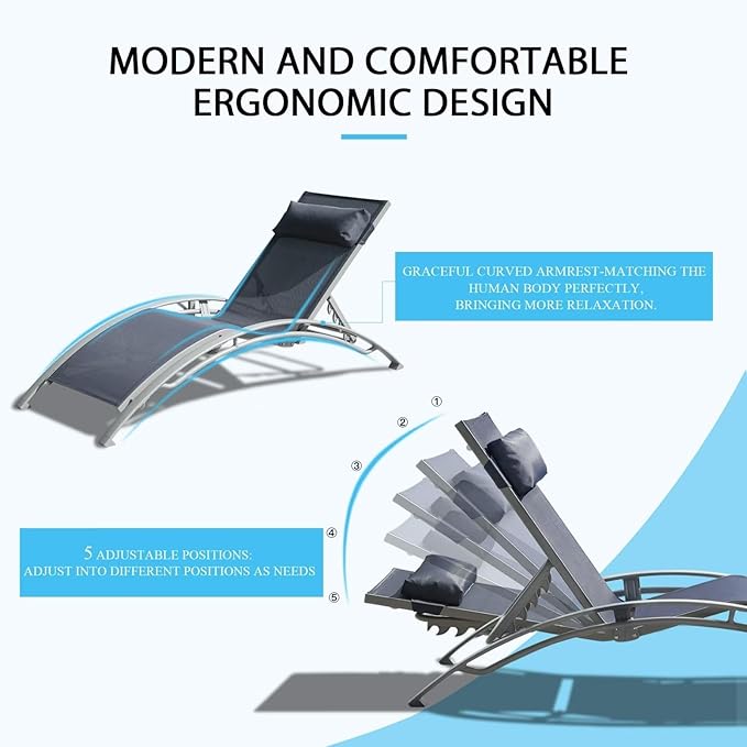 Domi Pool Lounge Chairs Set of 2, Adjustable Aluminum Outdoor Chaise Lounge Chairs, All Weather for Deck Lawn Poolside Backyard -Blue Textilene