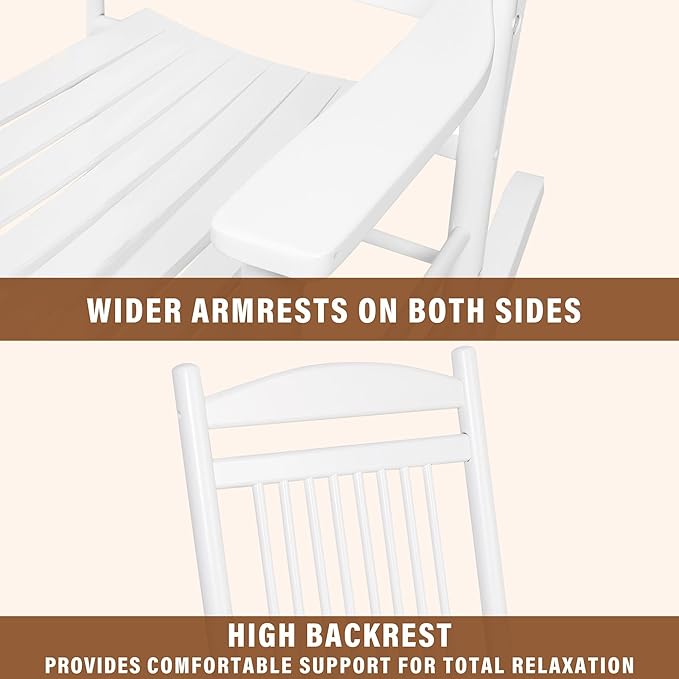 MUPATER Outdoor Rocking Chair Sets 3-Piece, Bistro Table and Chairs Set of 2,Patio Wooden Rocker Bistro Set with Foldable Table and Curved Seat, White