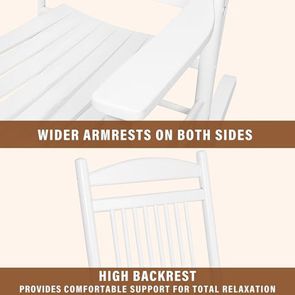 MUPATER Outdoor Rocking Chair Sets 3-Piece, Bistro Table and Chairs Set of 2,Patio Wooden Rocker Bistro Set with Foldable Table and Curved Seat, White
