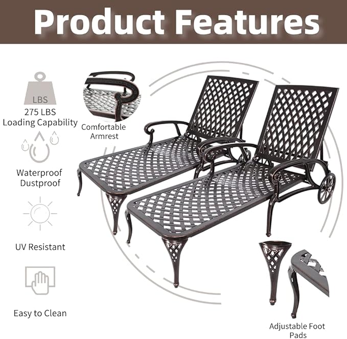 Chaise Outdoor Aluminum Lounge Chair with Wheels, 3-Position Adjustable Recliner Furniture Set for Poolside, Backyard and Patio (3pcs, Antique Bronze)