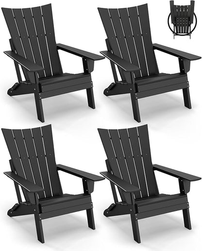 GREENVINES Folding-Adirondack-Chairs-Set-of-4 | HDPE Plastic | Arch Series | Fire Pit Chair | All Weather | for Outdoor Patio Deck Backyard Poolside | Black