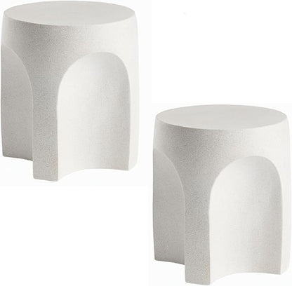 SUNBURY Outdoor Side Tables Set of 2, Concrete Accent End Table, Indoor Small Round Patio End Plant Stands Outside, Garden Stools for Yard, Arch Shape Spotted White