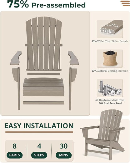 BRIOPAWS Oversized Adirondack-Chairs-Set of 4 | HDPE Plastic | Fire Pit Chair | Wood Grain | All Weather | for Deck Outdoor Poolside Campfire