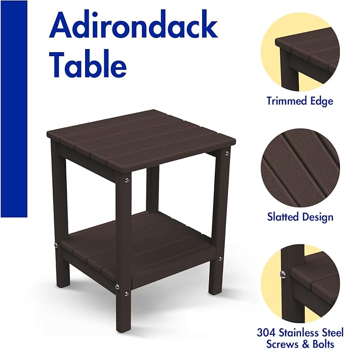BRIOPAWS Outdoor-Side-Table | Small | Brownwood Grain | HDPE Plastic | Patio End-Table | 2-Shelf Adirondack Outside Tables | All Weather | for Poolside Front Porch Indoor Living Room | 14" x 13"