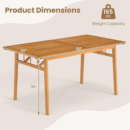 Tangkula 63-Inch Acacia Wood Outdoor Dining Table for 6, Large Rectangular Patio Dining Table with 1.97" Umbrella Hole, 6-Person Indoor Outdoor Table for Kitchen Deck Garden Backyard