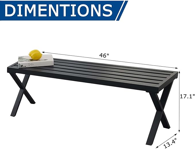 Metal Garden Bench for Outdoors, Set of 2, Black Outdoor Benches Slats for Patio, Patio Backless Bench with Cross Leg,Dining Bench for Porch, Lawn, Balcony, Backyard and Park