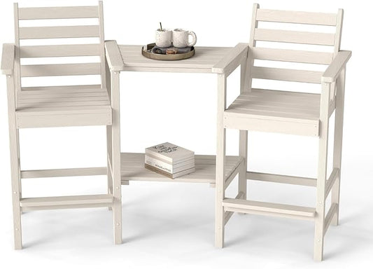 Tall Adirondack Chairs Set of 2, Bar Height HDPE Outdoor Chairs with Connecting Tray & Umbrella Hole, Balcony Patio Adirondack Chairs for Deck, Garden, Lawn (White)