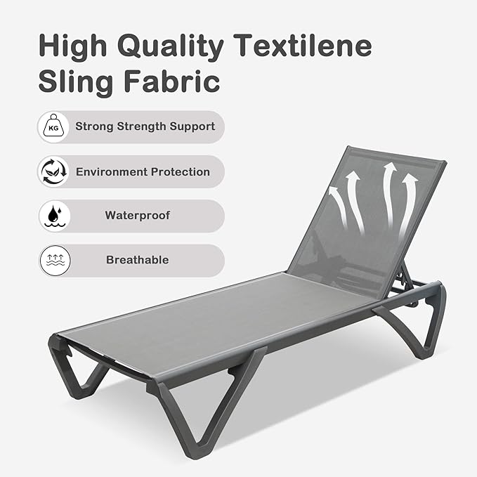 Domi Outdoor Chaise Lounge Set of 2,Pool Lounge Chair,Aluminum Sling Lounge Chairs for Outside with 5 Adjust able Positions (2 Grey Lounges W/O Table)