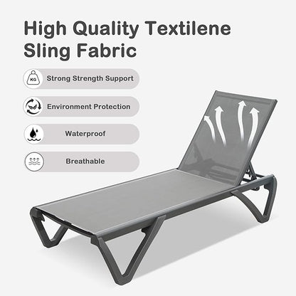 Domi Outdoor Chaise Lounge Set of 2,Pool Lounge Chair,Aluminum Sling Lounge Chairs for Outside with 5 Adjust able Positions (2 Grey Lounges W/O Table)