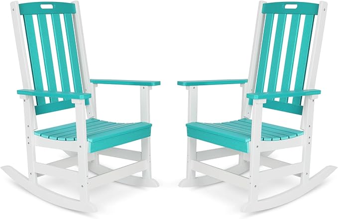 Aoodor Outdoor Rocking Chair, Ergonomic HDPE Rockers with All-Weather Design for Patio or Porch, Clashing Colors, Lake Blue and White,Set of 2