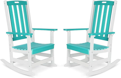 Aoodor Outdoor Rocking Chair, Ergonomic HDPE Rockers with All-Weather Design for Patio or Porch, Clashing Colors, Lake Blue and White,Set of 2