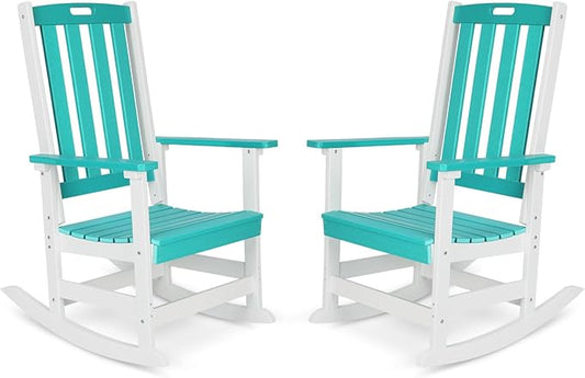 Aoodor Outdoor Rocking Chair, Ergonomic HDPE Rockers with All-Weather Design for Patio or Porch, Clashing Colors, Lake Blue and White,Set of 2