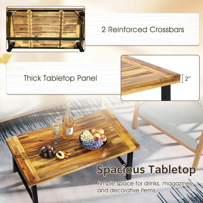 Byroce Outdoor Coffee Table, 43.5”L Farmhouse Accent Table with Spacious Tabletop & Heavy-Duty Metal Structure, Acacia Wood Coffee Table for Patio, Yard, Garden & Living Room, Natural
