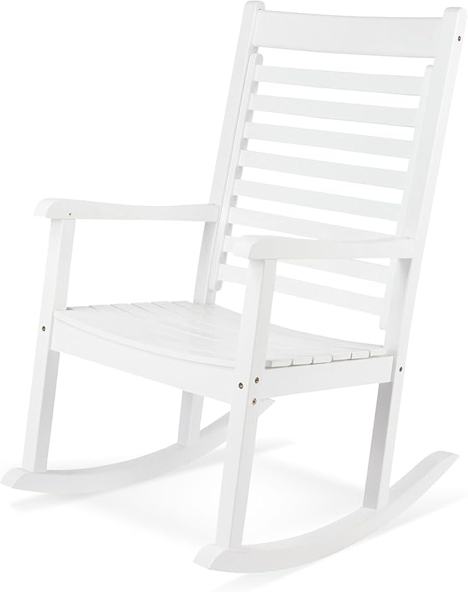 Shine Company Modern Wood Rocking Chair, Ergonomic Wide Seat Porch Rocker, White