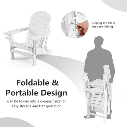 Giantex Folding Adirondack Chair, HDPE Patio Chairs Fire Pit Lounge Chair W/Retractable Ottoman & Cup Holder, Weatherproof Outdoor Adirondack Chairs for Porch, Garden, Backyard (1, White)