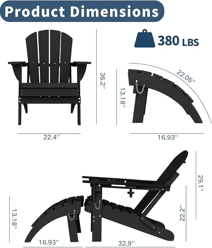 Adirondack Chair with Table Set,HDPE Plastic All Weather Fire Pit Chair with Cup Holder,2-Piece(Black, 1 Chair &1 Table)