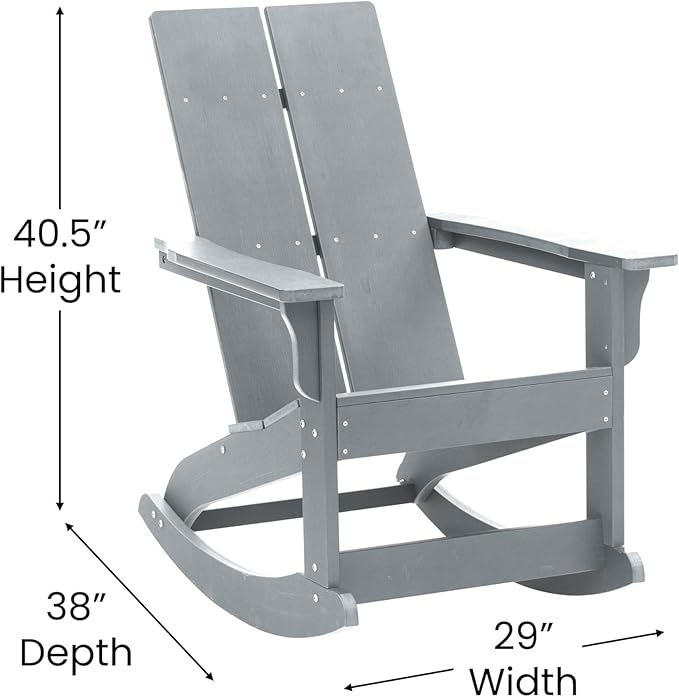 Flash Furniture Finn Modern Commercial Grade Poly Resin Wood Adirondack Rocking Chair - All Weather Gray Polystyrene - Dual Slat Back - Stainless Steel Hardware