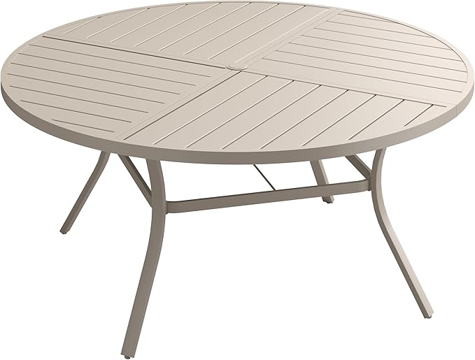 VICLLAX 60" Round Patio Dining Table for 8-10, All Weather Metal Outdoor Table with 1.57" Umbrella Hole and Surdy Frame for Garden Lawn Deck, Sandshell