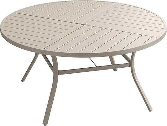 VICLLAX 60" Round Patio Dining Table for 8-10, All Weather Metal Outdoor Table with 1.57" Umbrella Hole and Surdy Frame for Garden Lawn Deck, Sandshell