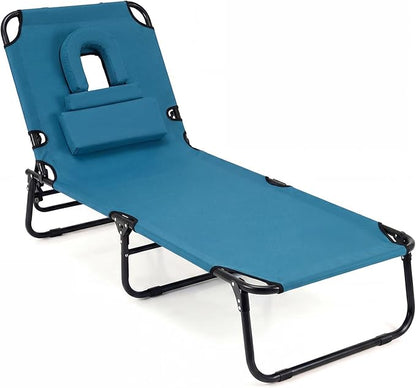 COSTWAY Tanning Chair with Face Hole, Pillows & Adjustable Backrest, Folding Chaise Lounge for Sunbathing, Beach, Seaside (1, Blue)