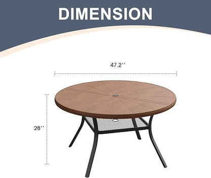 VICLLAX Round Patio Dining Table, 4-6 Person Aluminum Outdoor Dining Table with Umbrella Hole and Storage Shelf for Garden Lawn Deck, 47.2" Walnut