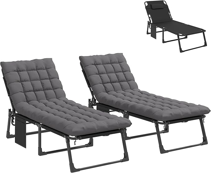 Outsunny Chaise Lounge Chair Outdoor Set of 2, 5-Position Reclining Pool Lounge Chairs with Cushions, Side Pocket, Headrest, Folding Lounger Tanning Chair Camping Cot for Patio, Beach, Dark Gray