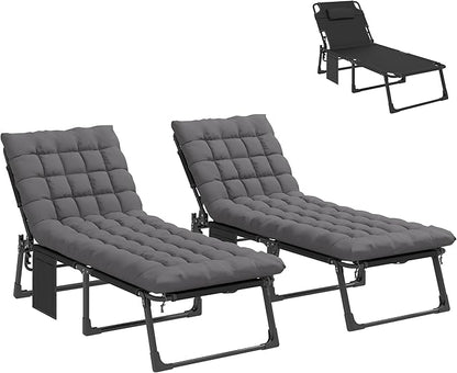 Outsunny Chaise Lounge Chair Outdoor Set of 2, 5-Position Reclining Pool Lounge Chairs with Cushions, Side Pocket, Headrest, Folding Lounger Tanning Chair Camping Cot for Patio, Beach, Dark Gray
