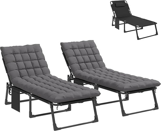 Outsunny Chaise Lounge Chair Outdoor Set of 2, 5-Position Reclining Pool Lounge Chairs with Cushions, Side Pocket, Headrest, Folding Lounger Tanning Chair Camping Cot for Patio, Beach, Dark Gray