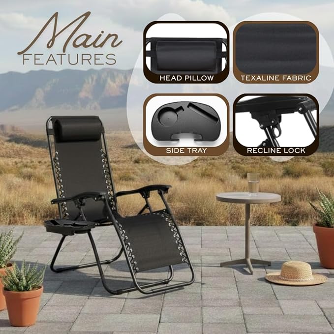 2-Pack Adjustable Zero Gravity Lounge Chair with Steel Mesh Fabric: Reclining Lawn Chair Featuring Comfort Pillow - Photo 4