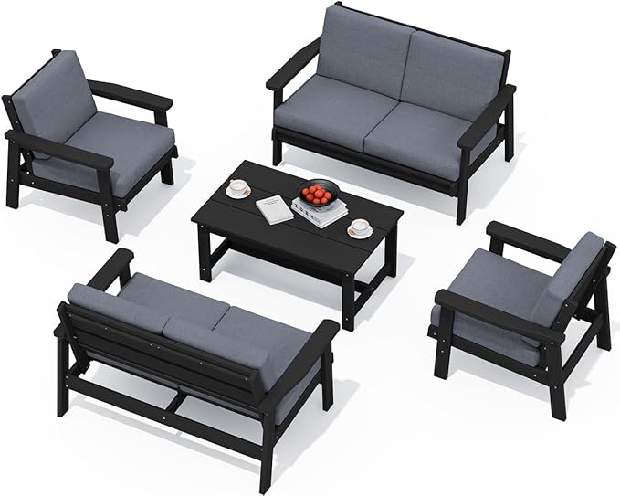 SERWALL HDPE Patio Furniture Set, 5 Piece All Weather Wood-Like Sectional Outdoor Furniture Set - Photo 1