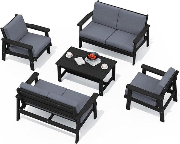 SERWALL HDPE Patio Furniture Set, 5 Piece All Weather Wood-Like Sectional Outdoor Furniture Set - Photo 1