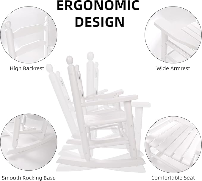 Toddler Rocking Chair Wooden Kids Comfy Recliner Rocker for Ages 3-6 Baby Lounge Chair Indoor Outdoor Children Playroom Anti-Tip Design Safe & Sturdy White