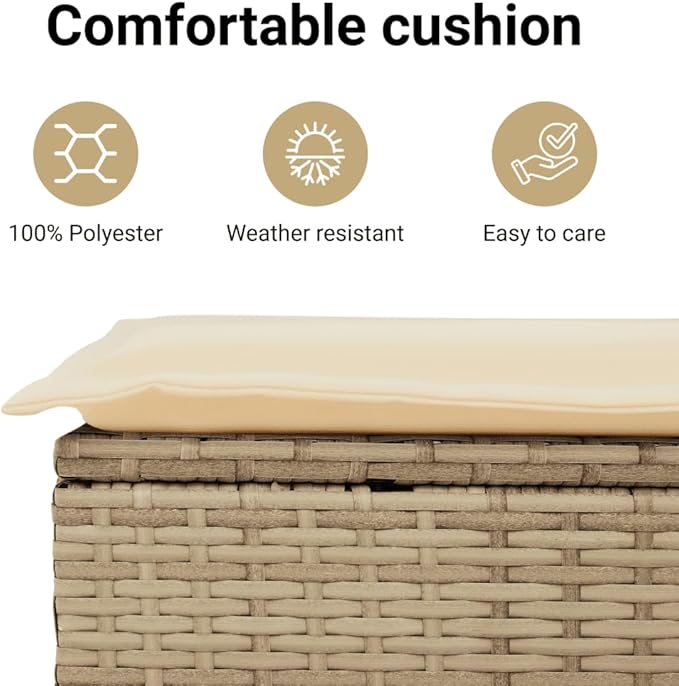 vidaXL 2-Seater Patio Sofa Bench - PE Rattan, Beige, Sofa Bed with Footstool Storage, Cushions with Removable Covers
