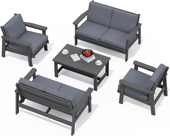 SERWALL HDPE Patio Furniture Set, 5 Piece All Weather Wood-Like Sectional Outdoor Furniture Set - Photo 1