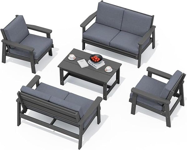 SERWALL HDPE Patio Furniture Set, 5 Piece All Weather Wood-Like Sectional Outdoor Furniture Set - Photo 1