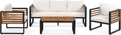 Large Size 4-Pieces Outdoor Furniture Sofa for 5 Person Conversation Set, Garden Sofa Set with Removable Cushion, Metal and Wood Frame Sofa Set, Thick Cushions, Acacia Wood Tabletop, Beige
