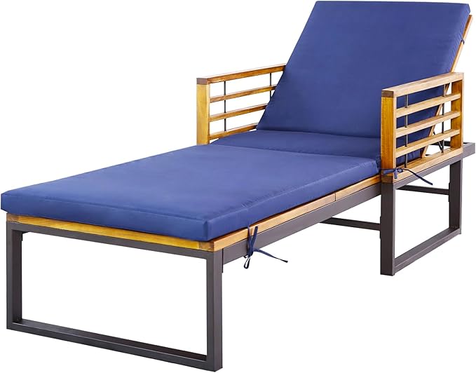 Tangkula Acacia Wood Patio Lounge Chair, Heavy Duty Outdoor Chaise Recliner with with 4 Level Adjustable Backrest, Foam-Padded Cushion, 800 lbs Weight Capacity, for Poolside, Garden, Deck (1, Navy)