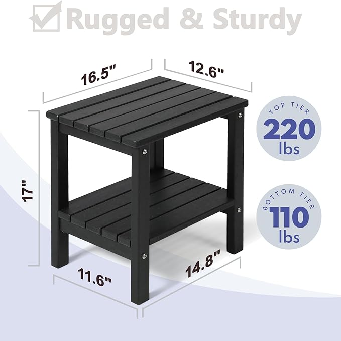 PASAMIC 2-Tier Adirondack Square Outdoor Side Table, HDPE Small Outdoor Table, Patio End Table for Patio, Pool, Backyard, Weather-Resistant (Black)