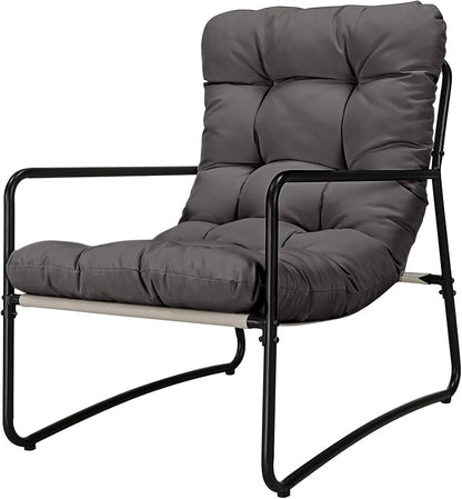 Outdoor Accent Chair, Modern Metal Outdoor Lounge Chair, Comfy Patio Accent Chair with Padded Seat, All Weather Outdoor Patio Chair for Living Room, Apartment, Bedroom, Poolside, Dark Grey
