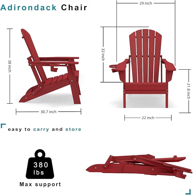 Folding Adirondack Chair Set of 2，Wooden Textured Fire Pit Chair with Cup Holder, Heavy All-Weather HDPE Plastic Outdoor Patio Chairs for Poolside Backyard Patio Outdoor Garden