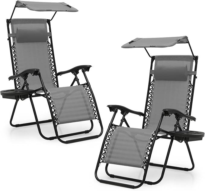 Athena Collection Zero Gravity Outdoor Lounge Chair Set of 2 with Canopy Shade, 25" Width Pool Lounge Lawn Chairs Reclining with Cup Holder, Outdoor Chaise for Beach Patio Outside, Grey
