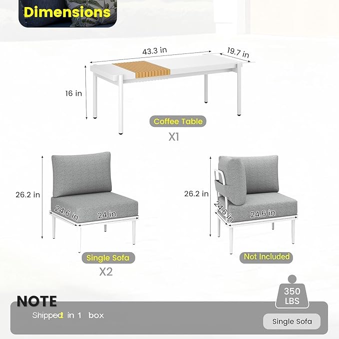 Sundale Outdoor 3 Pieces Patio Furniture Set, Metal Outdoor Sectional Sofa with Coffee Table - Photo 2