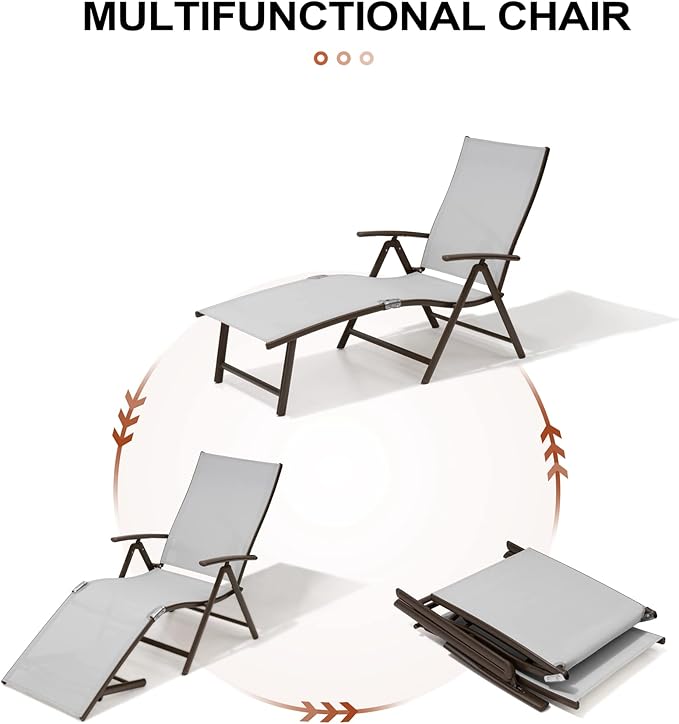 Crestlive Products Chaise Lounge Chair Outdoor Set of 2, Aluminum Folding Patio Recliner Chair, Adjustable 8 Positions Assemble-Free Perfect for Beach, Yard, Pool, Deck