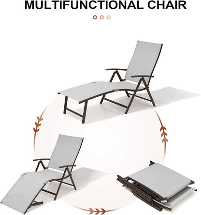 Crestlive Products Chaise Lounge Chair Outdoor Set of 2, Aluminum Folding Patio Recliner Chair, Adjustable 8 Positions Assemble-Free Perfect for Beach, Yard, Pool, Deck