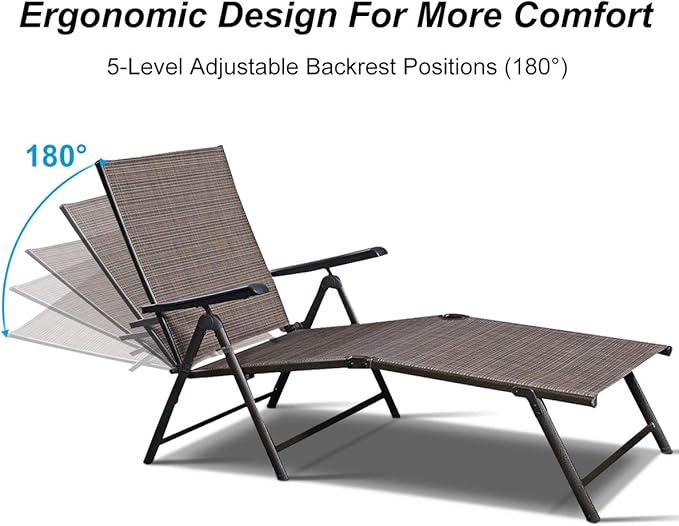 Giantex Set of 2 Chaise Lounge Chair with 5 Adjustable Reclining Positions, Patio Folding Recliner for Yard, Pool, Garden Beach Sunbathing Seat (2, Brown)
