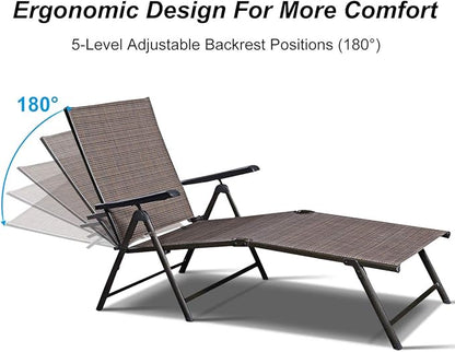 Giantex Set of 2 Chaise Lounge Chair with 5 Adjustable Reclining Positions, Patio Folding Recliner for Yard, Pool, Garden Beach Sunbathing Seat (2, Brown)