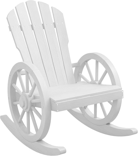 Outsunny Wooden Rocking Chair, Adirondack Rocker with Slatted Design and Oversized Back, Outdoor Rocking Chair with Wagon Wheel Armrest for Porch, Poolside, and Garden, White