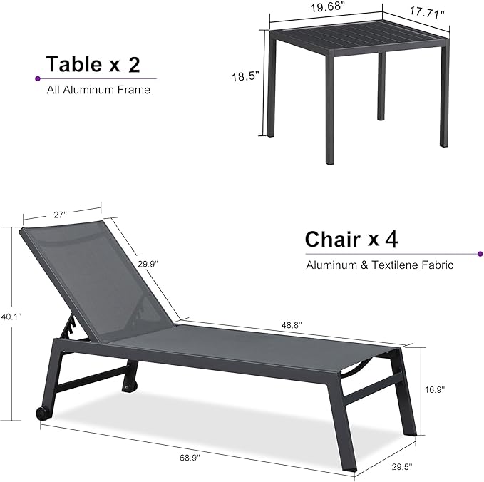 PURPLE LEAF 6-Piece Outdoor Chaise Lounge Oversized Pool Lounge Chairs with Easy-to-Move Wheels and Adjustable Backrest - Photo 8
